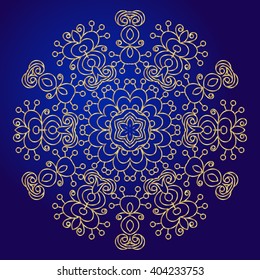 Mandala, amulet. Round vintage ornament, medallion floral mandala. Esoteric gold symbol on a blue background. Om sign  indian ethnic pattern. Drawn. Used for tattoo, prints on t-shirts,  wedding cards