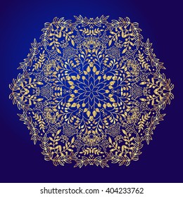 Mandala, amulet. Round vintage ornament, medallion floral mandala. Esoteric gold symbol on a blue background. Om sign  indian ethnic pattern. Drawn. Used for tattoo, prints on t-shirts,  wedding cards