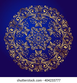 Mandala, amulet. Round vintage ornament, medallion floral mandala. Esoteric gold symbol on a blue background. Om sign  indian ethnic pattern. Drawn. Used for tattoo, prints on t-shirts,  wedding cards