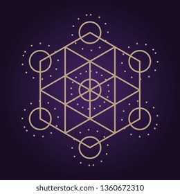 Mandala ancient geometry sacred symbol. Spiritual geometrical shape on ultra violet background.