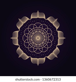 Mandala ancient geometry sacred symbol. Spiritual geometrical shape on ultra violet background.