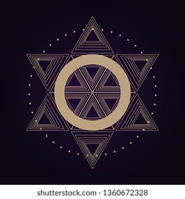 Mandala ancient geometry sacred symbol. Spiritual geometrical shape on ultra violet background.