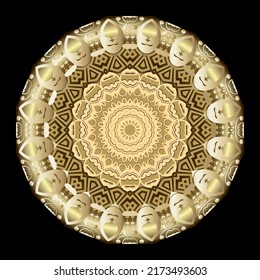 Mandala. Altes Rundgold 3D-Ornament. Vektor-Blumenmuster mit goldenem Mäander auf schwarzem Hintergrund. Antike Mandala mit griechischem Mäander-Ornament, Rahmen, Rahmen, Vintage Blumen. Ornate Design.