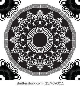 Mandala. Ancient round ornament. Vector black seamless pattern pattern on white background. Floral mandala with greek key meander ornament, frames, borders, flowers. Abstract ornate texture. Isolated.