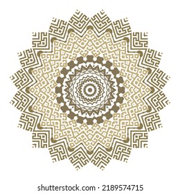 Mandala. Ancient round zigzag ornament. Vector isolated meander pattern on white background. Antique mandala with greek key meanders ornament. Ornamental ethnic style design. Abstract ornate texture.