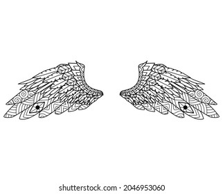 Mandala angel wings for design element, engraving, paper cutting, printing or coloring book. Vector illustration.