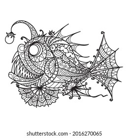 Mandala Anglerfish for coloring book, printing on product,laser cutting,eangraving and so on. Vector illustration.