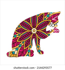 Mandala animal coloring page with  cat ,Coloring book page with floral pattern cat  ,Cat sitting  stylized, vector, illustration,  hand drawn.   t-shirt design 