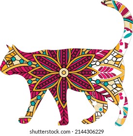 Mandala animal coloring page with  cat ,Coloring book page with floral pattern cat  ,Cat sitting  stylized, vector, illustration,  hand drawn.   t-shirt design 