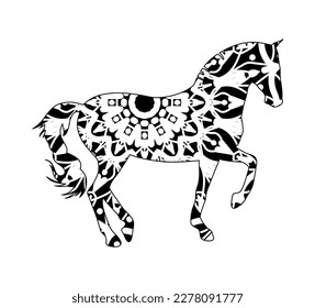Mandala animal coloring page with horse editable Vector Line Art Style, Beautiful Horse Jump. Vector illustration.