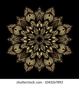 Mandala. Arabesque. Gold round pattern on black background. Vector illustration.