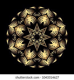 Mandala. Arabesque. Gold round pattern on black background. Vector illustration.