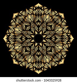 Mandala. Arabesque. Gold round pattern on black background. Vector illustration.