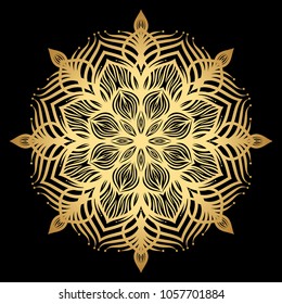 Mandala. Arabesque. Gold round pattern on black background. Vector illustration.