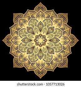 Mandala. Arabesque. Gold round pattern on black background. Vector illustration.