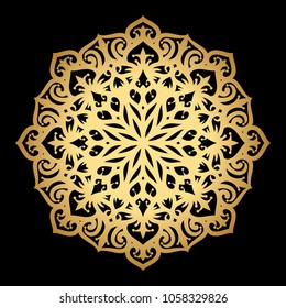 Mandala. Arabesque. Gold round pattern on black background. Vector illustration.