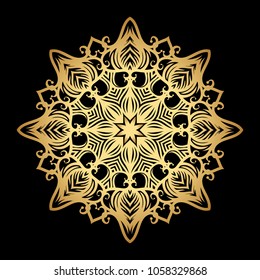 Mandala. Arabesque. Gold round pattern on black background. Vector illustration.