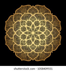 Mandala. Arabesque. Gold round pattern on black background. Vector illustration.