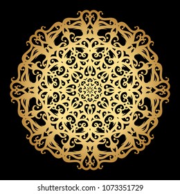 Mandala. Arabesque. Gold round pattern on black background. Vector illustration.