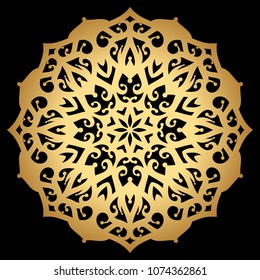 Mandala. Arabesque. Gold round pattern on black background.