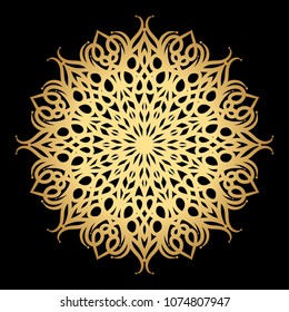 Mandala. Arabesque. Gold round pattern on black background.