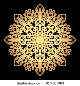 Mandala. Arabesque. Gold round pattern on black background.