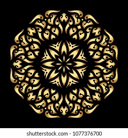 Mandala. Arabesque. Gold round pattern on black background. Vector illustration.