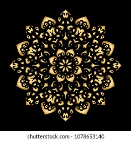 Mandala. Arabesque. Gold round pattern on black background. Vector illustration.