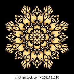 Mandala. Arabesque. Gold round pattern on black background. Vector illustration.