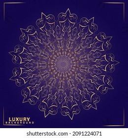 Mandala. Arabesque. Gold round pattern on blue background. Vector illustration.