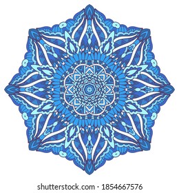 Ilustración arabesca de Mandala con copo de nieve estilizado. Decoración de navidad de invierno azul