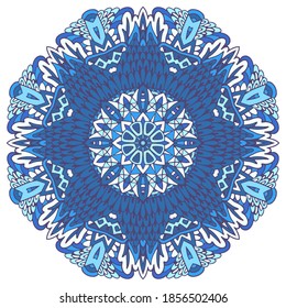 Mandala arabesque illustration with stylized snowflake. Blue winter background christmas decoration