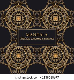 Mandala arabic vector seamless pattern. Luxury ornate background with golden round elements on black background. Premium sun texture for prints and decor
