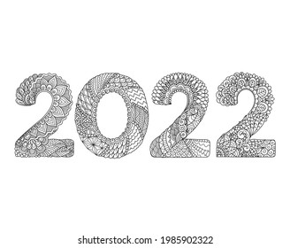 Mandala art of 2022, happy new year, for coloring book, coloring page, engraving,paper cut and so on. Vector illustration