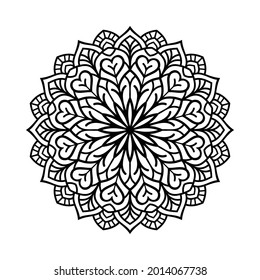 Mandala art black pattern for coloring page, invitation card, book cover, ornamental design on white background