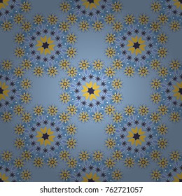 Mandala art, boho chic. Arabic, indian, asian, oriental motif. Round seamless pattern with many details. Vector mandala with flowers and geometric elements. Ethnic design in blue, violet, yellow tones