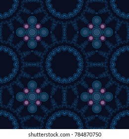 Mandala art, boho chic. Vector mandala with flowers and geometric elements. Arabic, indian, asian, oriental motif. Round seamless pattern with many details. Ethnic design in blue, purple, black tones.