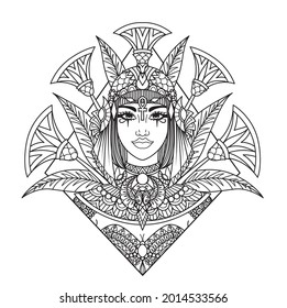 Mandala art Cleopatra head illustration for adult coloring book, laser cut,paper cutting, engraving, printing on product. Vector illustration.