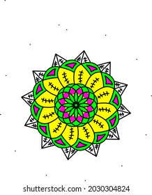 mandala art design with light green, yellow and purple colors