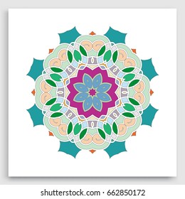Mandala art, geometric round ornament. Eid mubarak ramadan celebration template. Islamic greeting card. Isolated design element, vector colorful pattern. Tribal ethnic arabic, indian, turkish motif