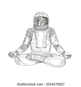 Mandala art illustration of an astronaut, cosmonaut or spaceman sitting asana  with crossed legs in Padmasana lotus meditation or yoga position done in black and white.