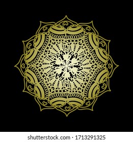 Mandala art or round ornament with golden color and black backround
