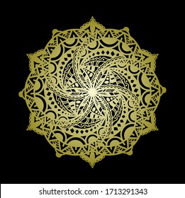 Mandala art or round ornament with golden color and black backround