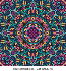 Mandala art seamless pattern. Ethnic geometric tribal print. Colorful repeating psychedelic background texture. Fabric, cloth design, wallpaper, wrapping ornament