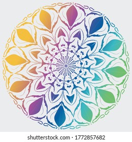 Mandalakkunst mit einfachen Farben und einer einzigartigen Mischung aus FarbFarbFarbFarbFarbFarbFarbFarbstuecken, hellen Optionsscheinen, Gold, Staliste, orangefarbenes Rot, Grün und anderen attraktiven Farben
