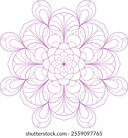 Mandala art vector for adult coloring book page for meditation, prints, decorative design, background. Pink lines, abstract floral and leafy design.