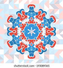 Mandala art vector in red and blue colors over triangles background