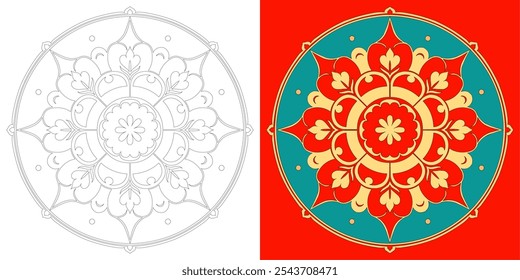 Arte em mandala inspirada por padrões chineses para colorir e outros fins, como têxteis e decorações, juntamente com a sugestão de colorir como diretriz