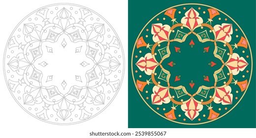 Mandala artwork inspired by Christmas celebrations for coloring and other purposes such as textiles and decorations together with suggested coloring as a guideline