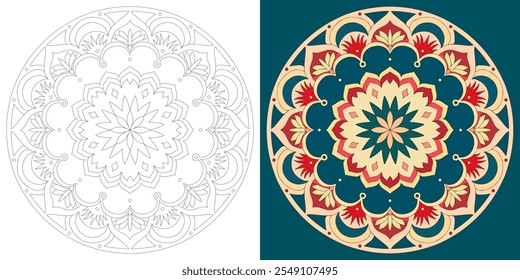 Mandala artwork inspired by Japanese patterns for coloring and other purposes such as textiles and decorations together with suggested coloring as a guideline